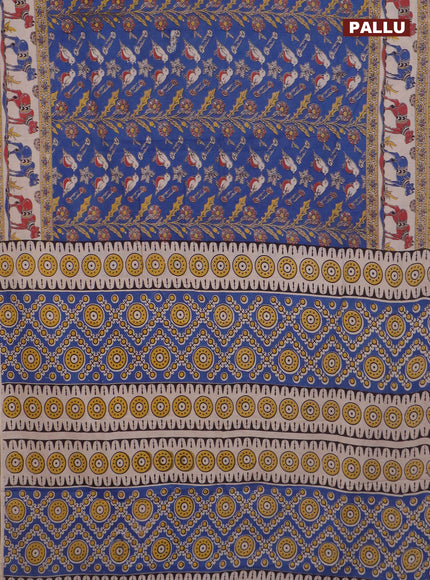 Kalamkari cotton saree blue and yellow with allover prints and printed border