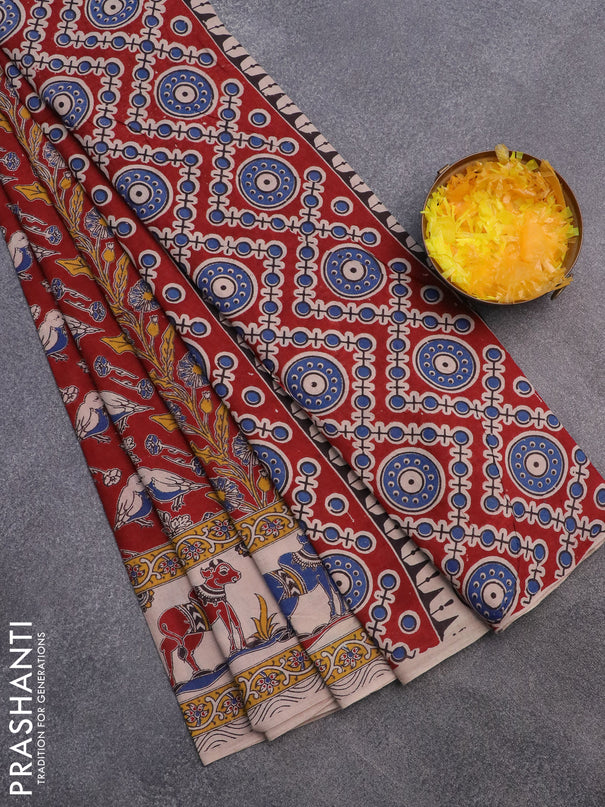 Kalamkari cotton saree maroon and beige yellow with allover prints and printed border