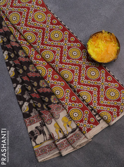 Kalamkari cotton saree black and beige maroon with allover prints and printed border