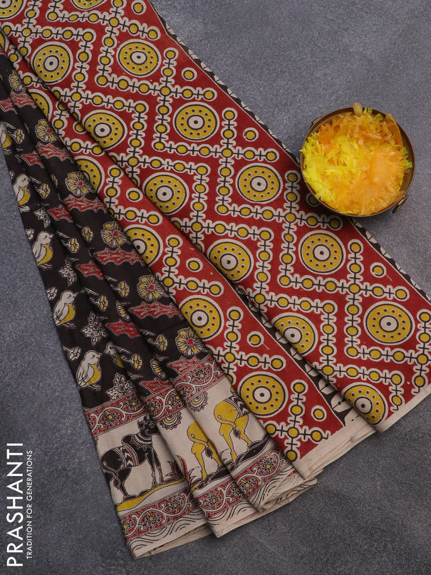 Kalamkari cotton saree black and beige maroon with allover prints and printed border