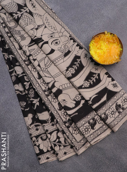 Kalamkari cotton saree black and beige with allover prints and printed border