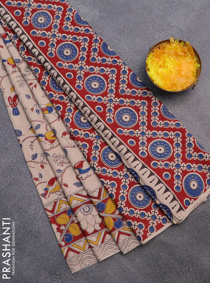 Kalamkari cotton saree beige and maroon yellow with allover prints and printed border