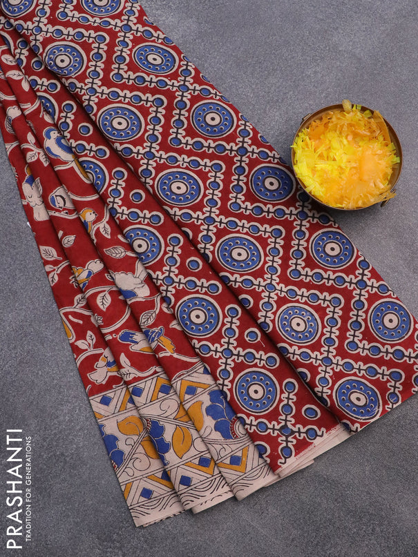 Kalamkari cotton saree maroon and beige blue with allover prints and printed border