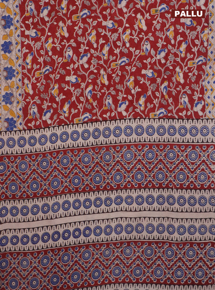 Kalamkari cotton saree maroon and beige blue with allover prints and printed border