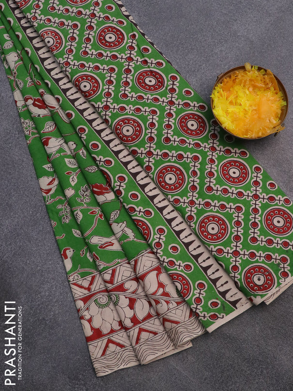 Kalamkari cotton saree green and maroon beige with allover prints and printed border