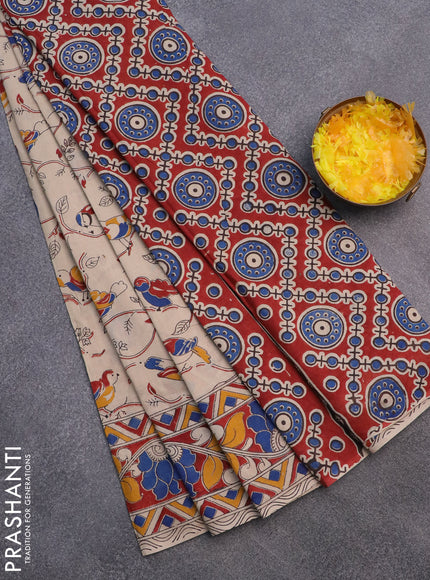 Kalamkari cotton saree beige and maroon blue with allover prints and printed border