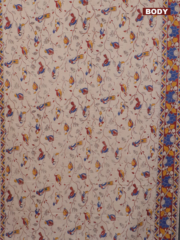 Kalamkari cotton saree beige and maroon blue with allover prints and printed border