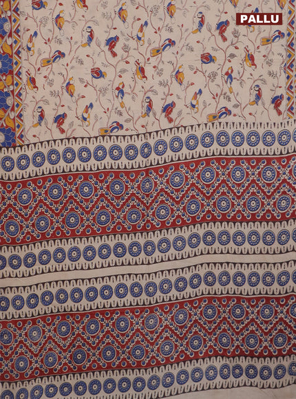 Kalamkari cotton saree beige and maroon blue with allover prints and printed border