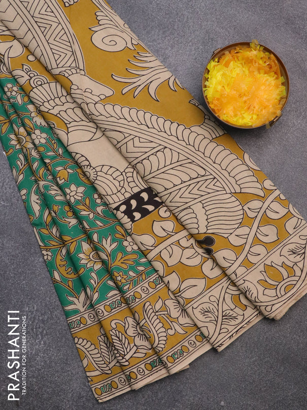 Kalamkari cotton saree green and yellow with allover prints and printed border