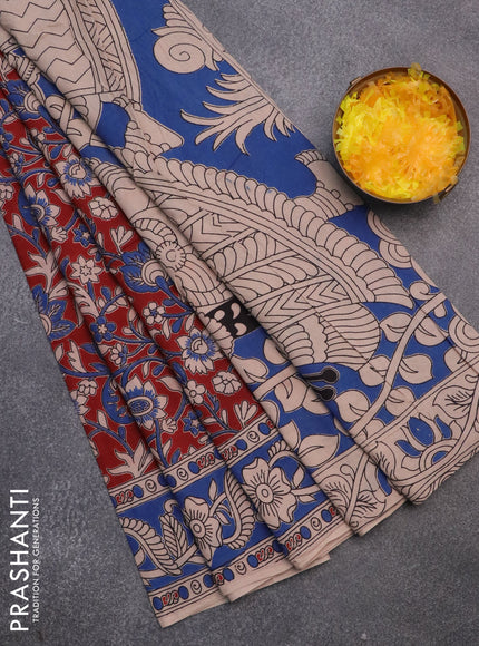 Kalamkari cotton saree maroon and blue with allover prints and printed border