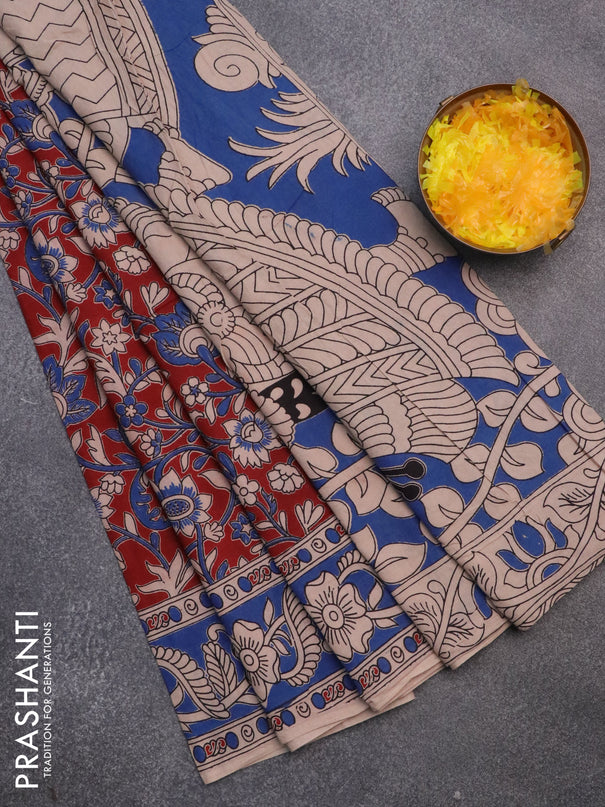 Kalamkari cotton saree maroon and blue with allover prints and printed border