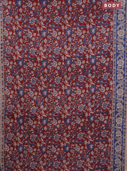 Kalamkari cotton saree maroon and blue with allover prints and printed border