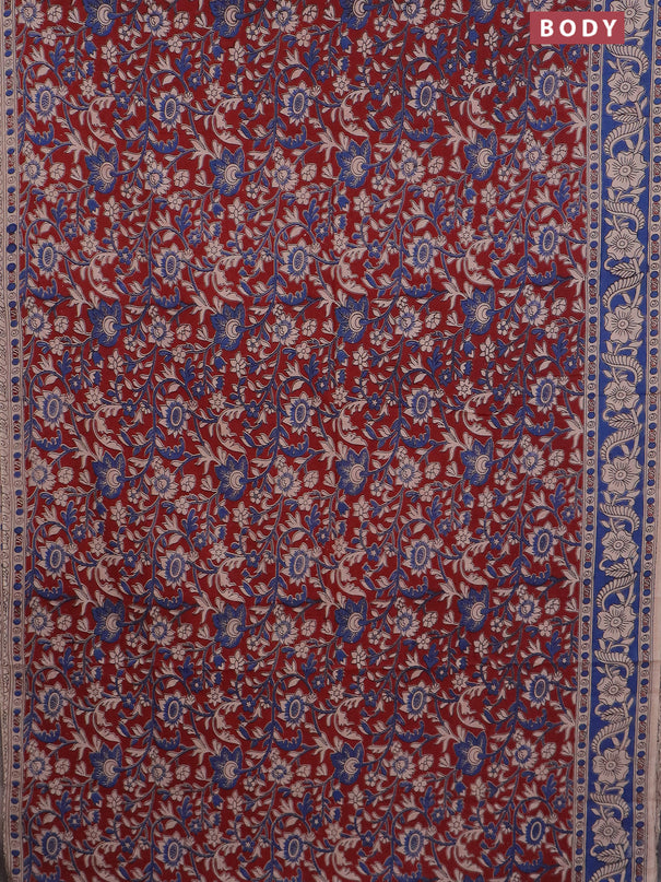 Kalamkari cotton saree maroon and blue with allover prints and printed border