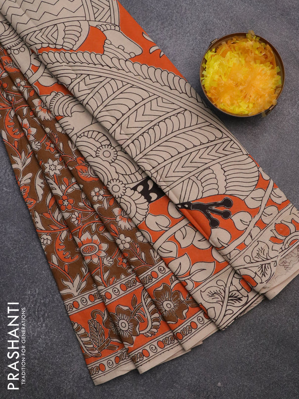 Kalamkari cotton saree brown and orange with allover prints and printed border