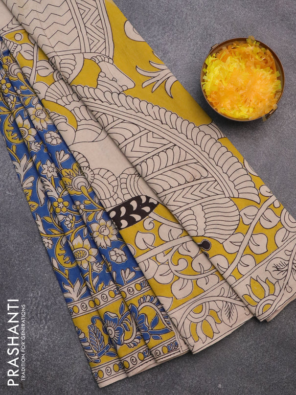 Kalamkari cotton saree blue and yellow with allover prints and printed border