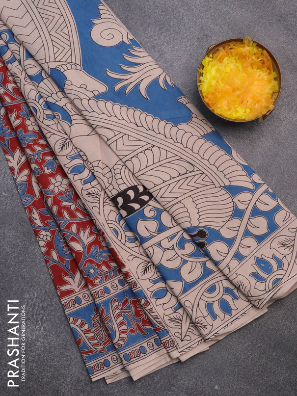 Kalamkari cotton saree maroon and blue with allover prints and printed border