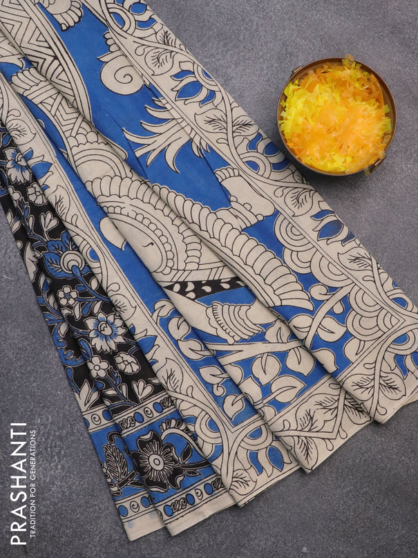 Kalamkari cotton saree black and blue with allover prints and printed border