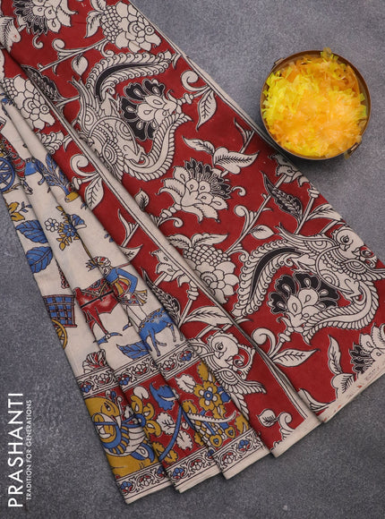 Kalamkari cotton saree beige and maroon with allover prints and printed border