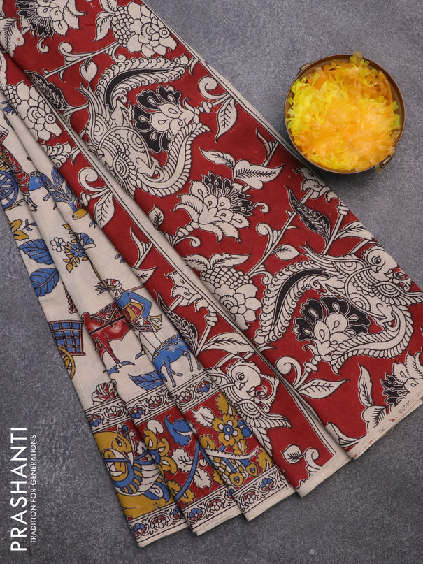 Kalamkari cotton saree beige and maroon with allover prints and printed border