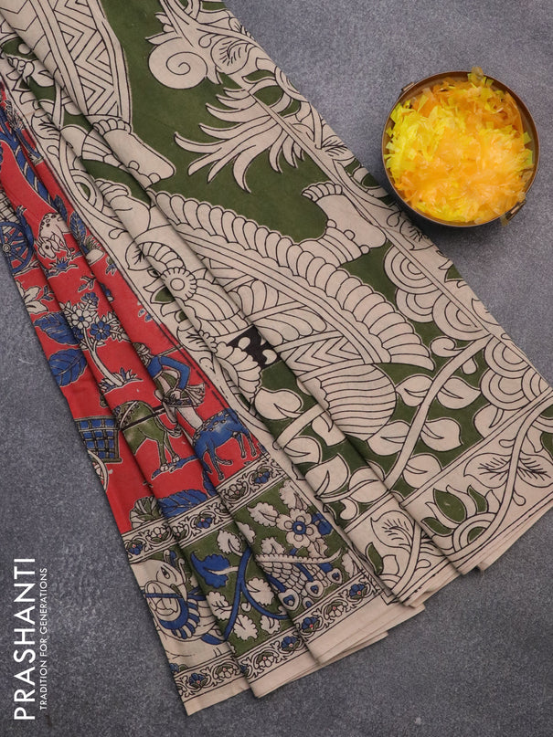 Kalamkari cotton saree red and sap green with allover prints and printed border