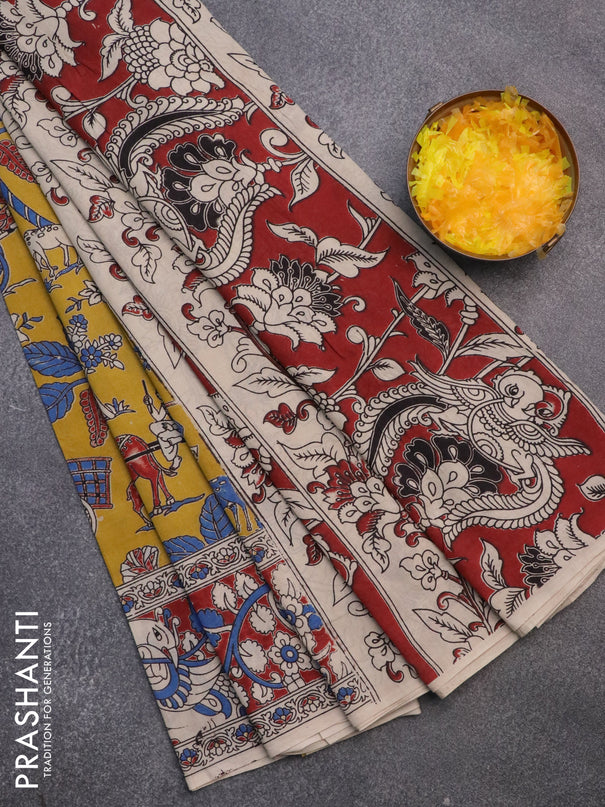 Kalamkari cotton saree yellow and maroon with allover prints and printed border