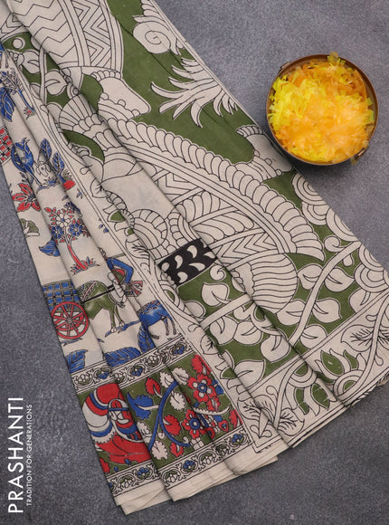 Kalamkari cotton saree beige and sap green with allover prints and printed border