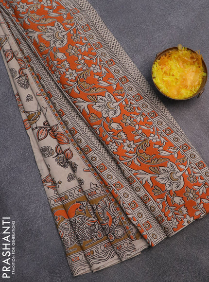 Kalamkari cotton saree beige orange and mustard shade with allover prints and printed border