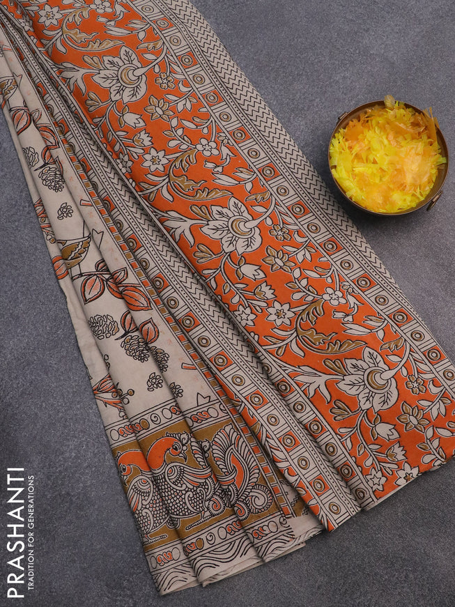 Kalamkari cotton saree beige orange and mustard shade with allover prints and printed border