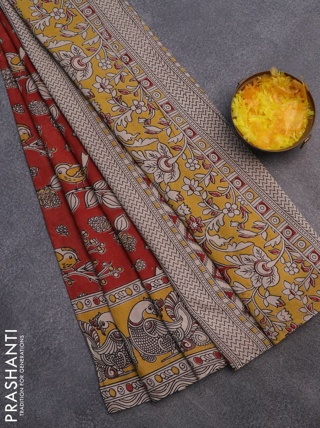 Kalamkari cotton saree maroon and yellow with allover prints and printed border