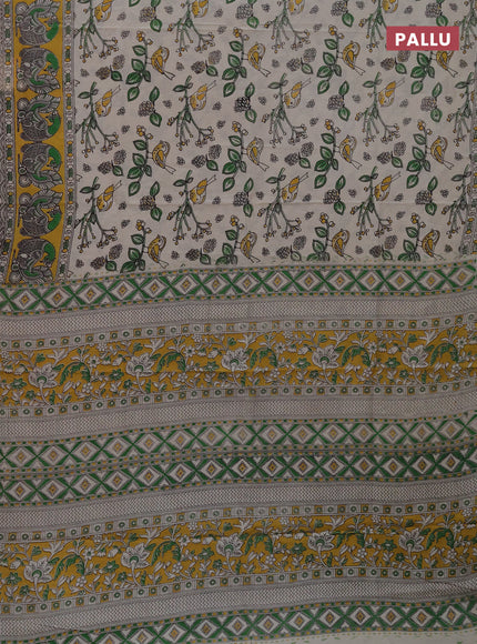 Kalamkari cotton saree beige green and yellow with allover prints and printed border