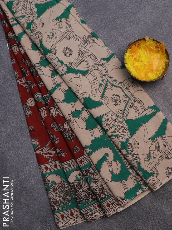 Kalamkari cotton saree maroon and teal green with allover prints and printed border