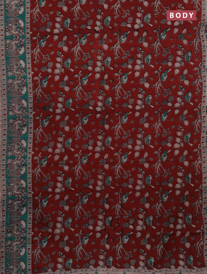 Kalamkari cotton saree maroon and teal green with allover prints and printed border