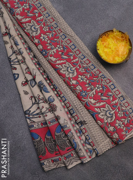 Kalamkari cotton saree beige blue and pink with allover prints and printed border