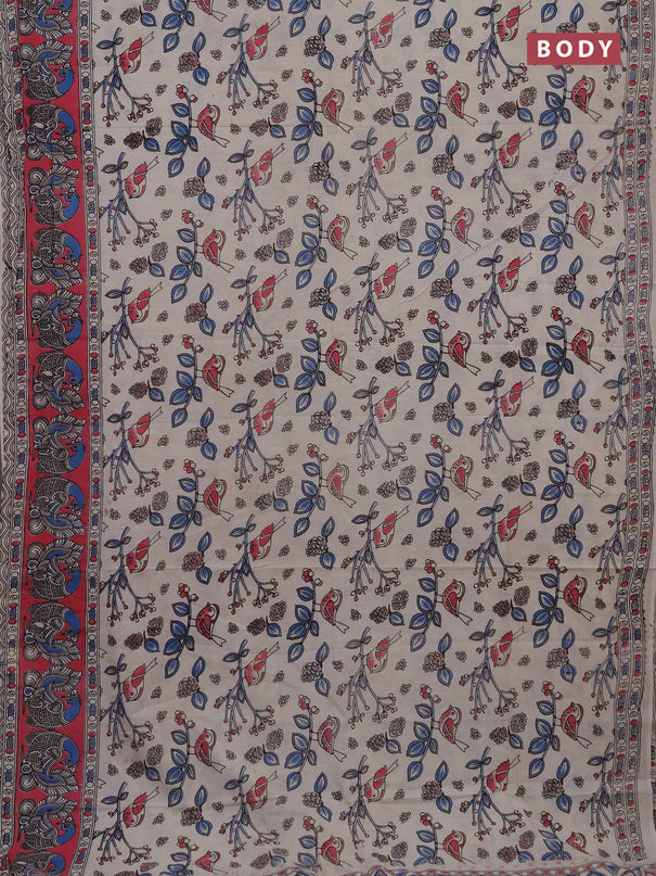 Kalamkari cotton saree beige blue and pink with allover prints and printed border