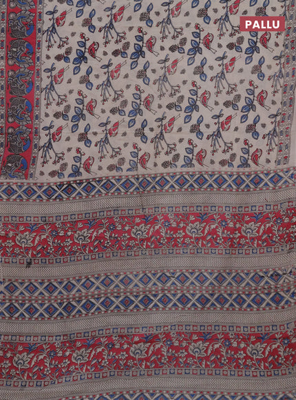 Kalamkari cotton saree beige blue and pink with allover prints and printed border