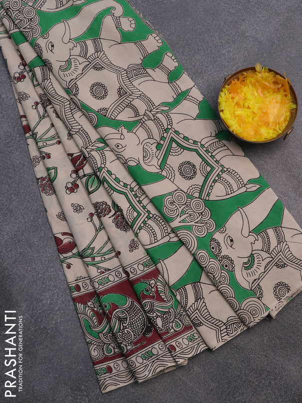 Kalamkari cotton saree beige green and maroon with allover prints and printed border