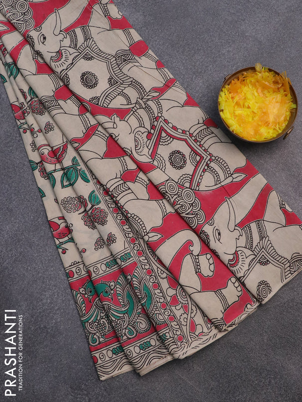 Kalamkari cotton saree beige teal green and pink with allover prints and printed border