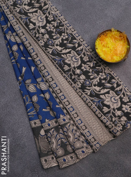 Kalamkari cotton saree blue and grey with allover prints and printed border