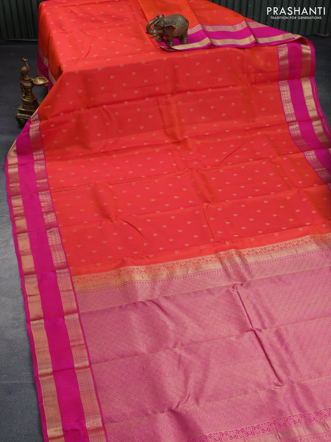 Pure kanchipuram silk saree orange and pink with zari woven buttas and rettapet zari woven border