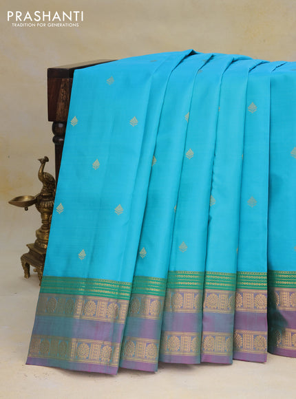 Pure kanchipuram silk saree light blue and dual shade of pink with zari woven buttas and rettapet zari woven border