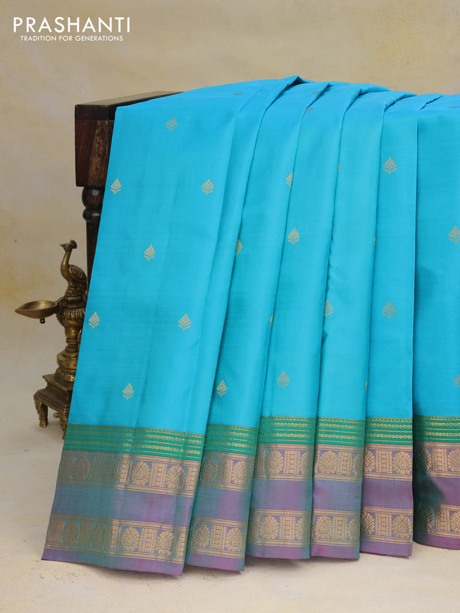 Pure kanchipuram silk saree light blue and dual shade of pink with zari woven buttas and rettapet zari woven border