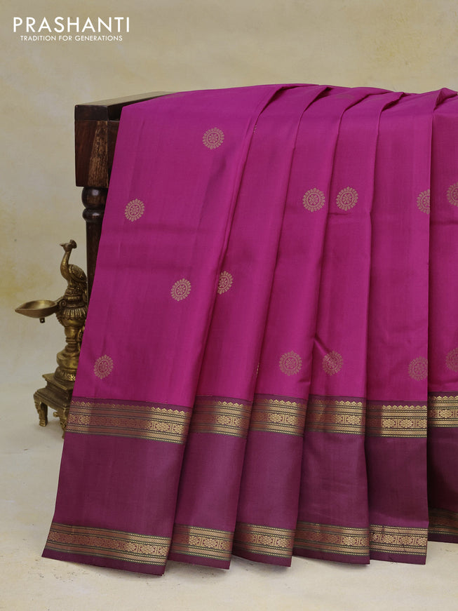 Pure kanchipuram silk saree magenta pink and wine shade with zari woven buttas and rettapet zari woven border