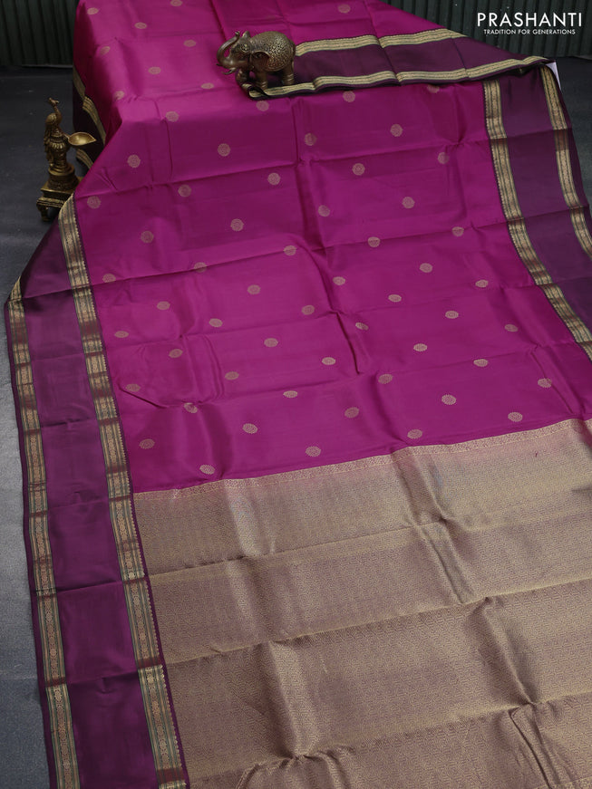 Pure kanchipuram silk saree magenta pink and wine shade with zari woven buttas and rettapet zari woven border