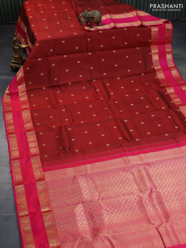 Pure kanchipuram silk saree maroon and dual shade of pinkish orange with allover self emboss & zari buttas and rettapet zari woven border