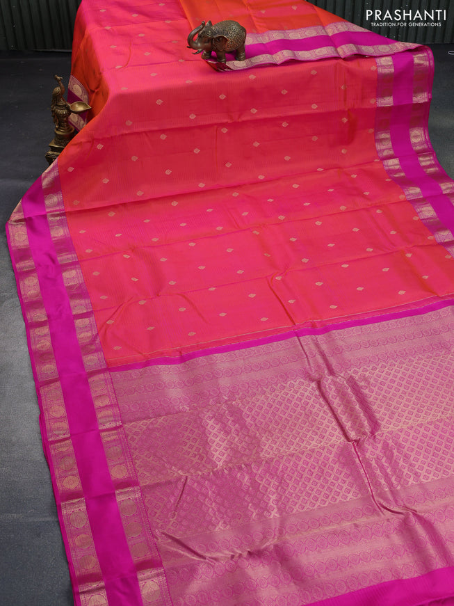 Pure kanchipuram silk saree dual shade of pinkish orange and pink with allover self emboss & zari buttas and rettapet zari woven border