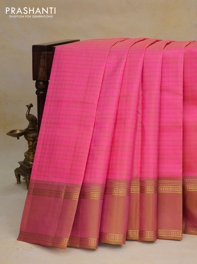 Pure kanchipuram silk saree candy pink and dual shade of green with allover checked pattern and rettapet zari woven border