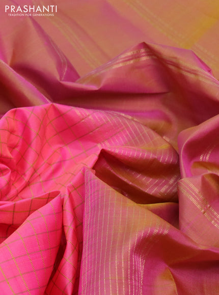 Pure kanchipuram silk saree candy pink and dual shade of green with allover checked pattern and rettapet zari woven border