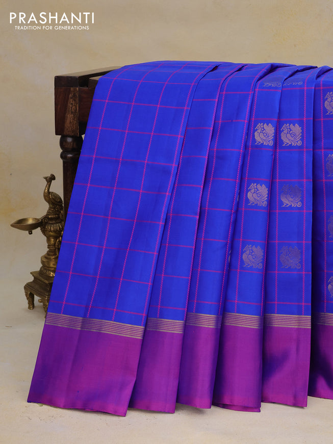 Pure kanchipuram silk saree blue and purple with allover checked pattern & zari buttas and zari woven simple border