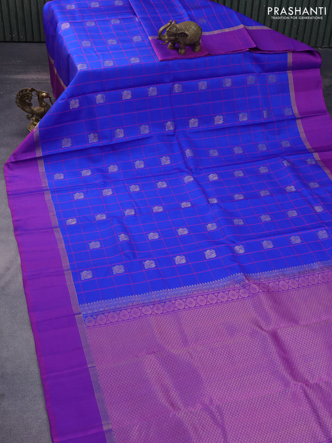 Pure kanchipuram silk saree blue and purple with allover checked pattern & zari buttas and zari woven simple border