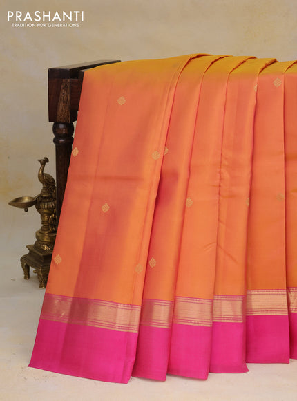 Pure kanchipuram silk saree dual shade of mustard and pink with zari woven buttas and zari woven simple border